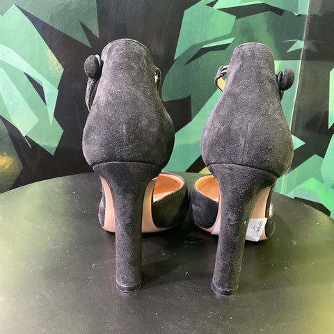 Gianvito Rossi Black Suede Round Toe Ankle Strap Chunky Heel Shoe