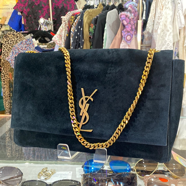 Saint Laurent Black Suede Flap Bag with Gold Hardware