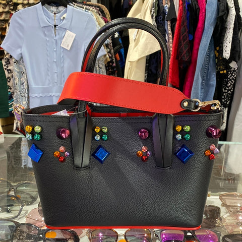 Christian Louboutin Black Leather North/ South Cabata Bag with Rainbow Gems