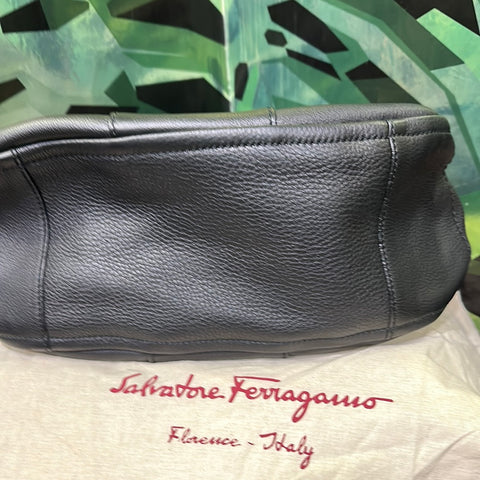 Salvatore Ferragamo Black Leather Logo Embossed Top Handle Bag with Crossbody Strap