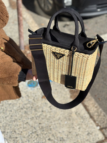 PRADA Woven Raffia Basket Bag with Black Canvas Strap and Top Handle