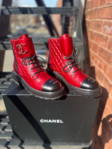 Chanel Red Metallic Lace Up Quilted Lace Up Calfskin Boot