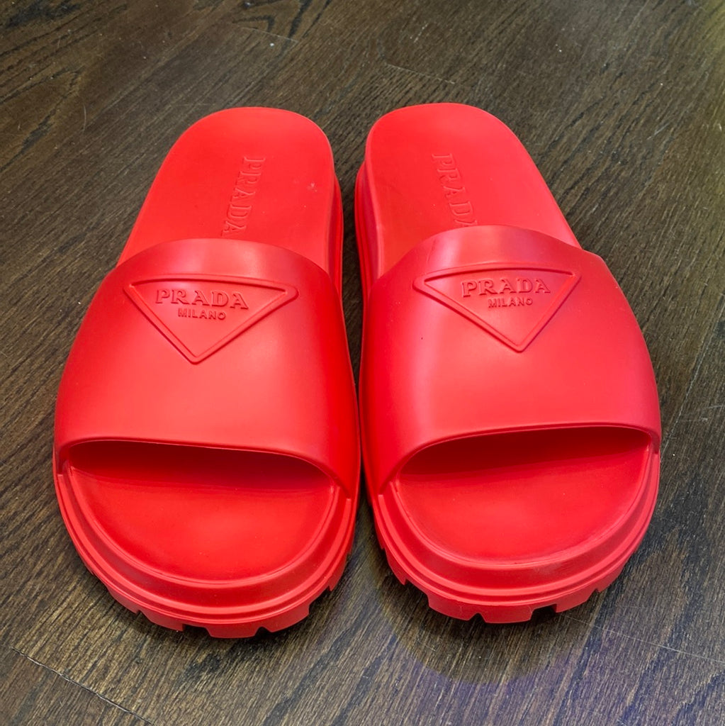 Prada Red Rubber Soft Logo Slides The Hangout