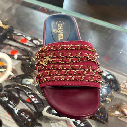 Chanel Burgundy Gold Chain Single Strap Sandal