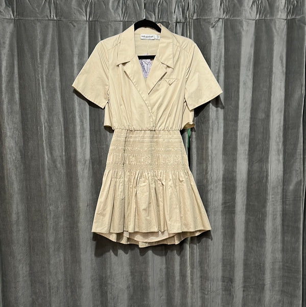 Self-Portrait Beige Cotton Collared Flared Mini Shirt Dress with Lower Back Cutout