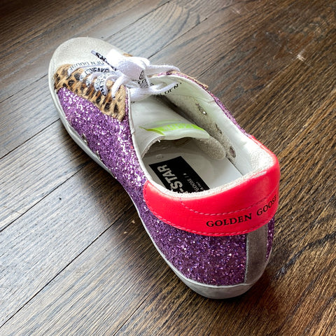 Golden Goose Purple Glitter SUPERSTAR with Neon Pink Back and Leopard