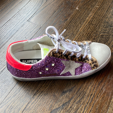 Golden Goose Purple Glitter SUPERSTAR with Neon Pink Back and Leopard