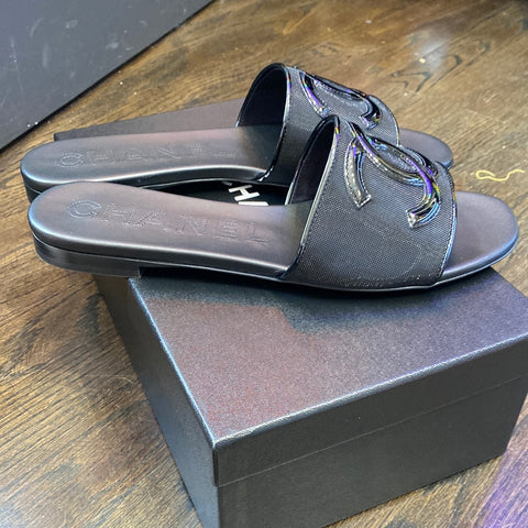 Chanel Black Mesh and Patent Calfskin Sandal