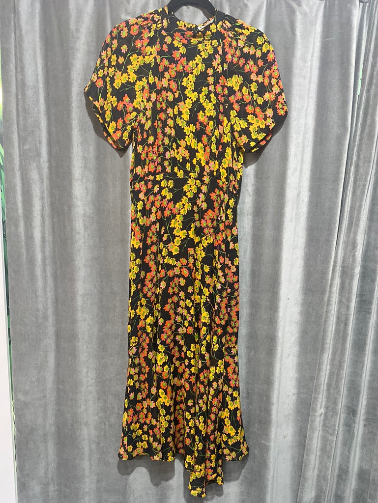 WHISTLES Short Sleeve Black Maxi Dress with Orange and Red Flowers