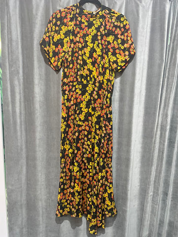 WHISTLES Short Sleeve Black Maxi Dress with Orange and Red Flowers