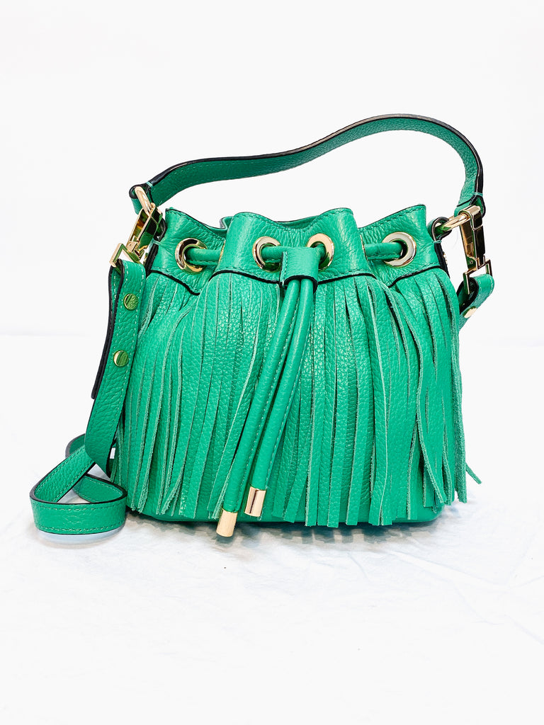 MILLY Green Leather Fring Cross Body Bucket Bag