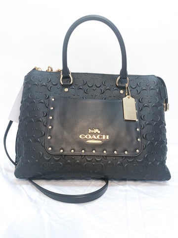 Coach Black Leather Top Handle Shoulder Bag with Gold Studs and Raised Leather C's