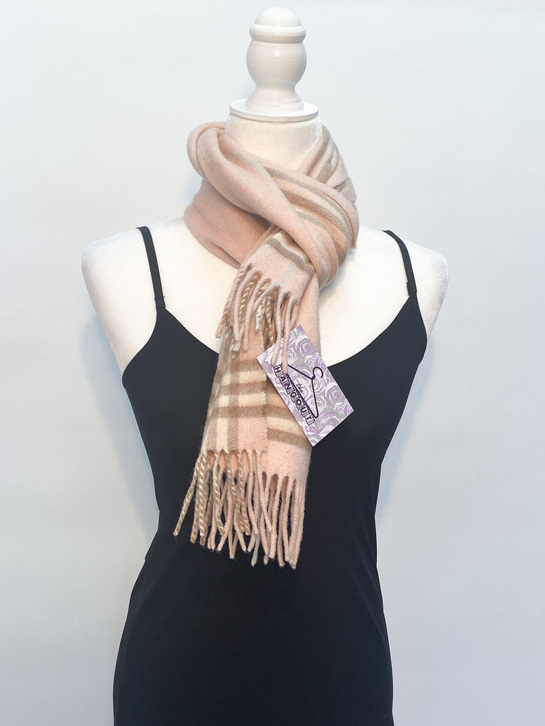 Burberry Pink Plaid 100% Cashmere Fringed Scarf