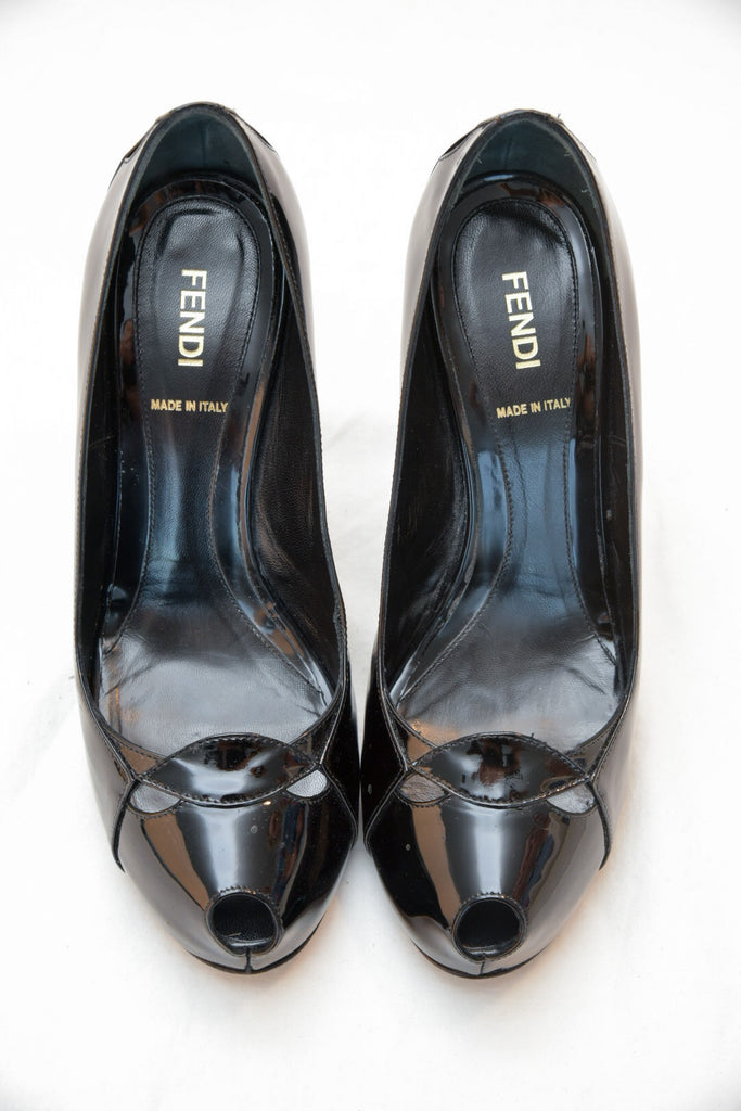 Fendi Peep Toe Black Patent Leather Heel