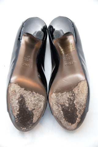 Fendi Peep Toe Black Patent Leather Heel