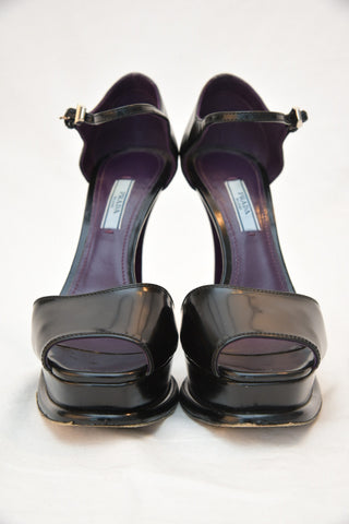 Prada Black Leather Square Toe Heel Sandal