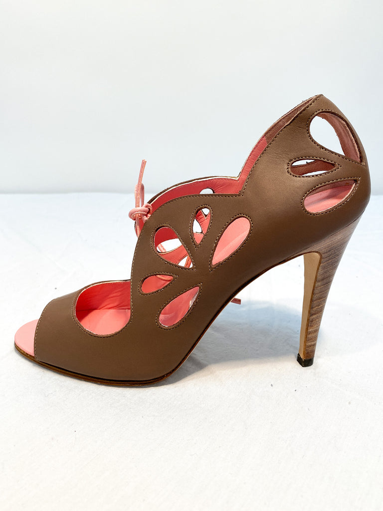 Manolo Blahnik Taupe Leather Cutout Peep Toe with Pink Leather Lace and Insole