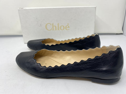 Chloe Lauren Black Leather Scalloped Round Toe Flats