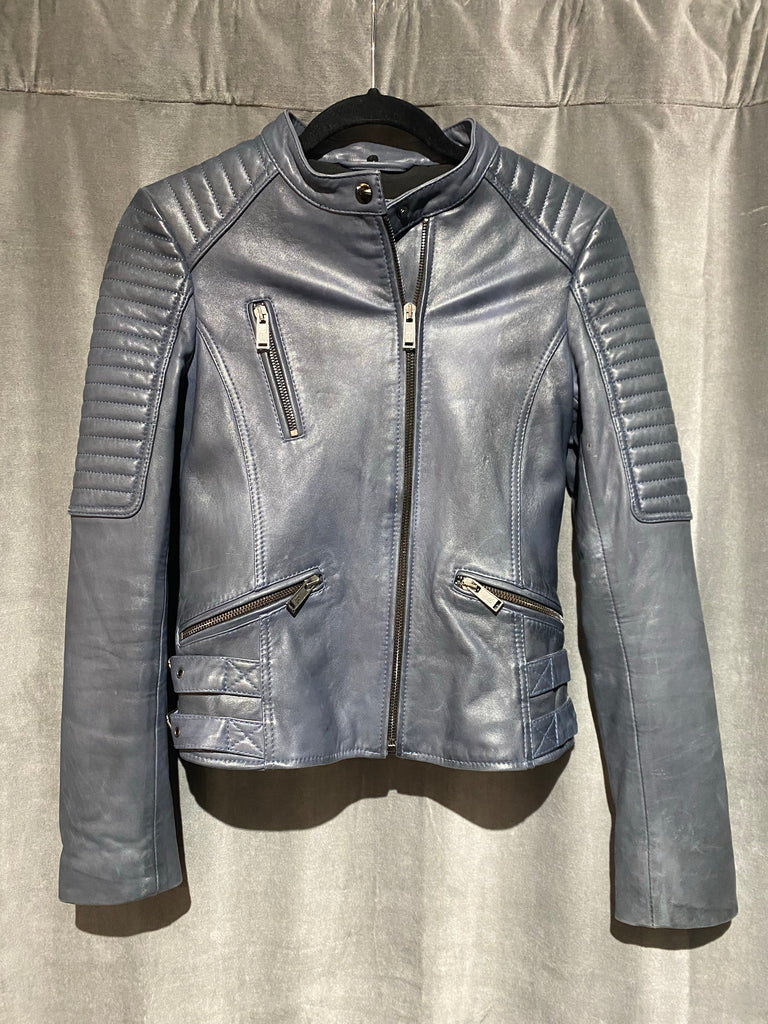 R Paris Medium Blue Leather Moto Jacket