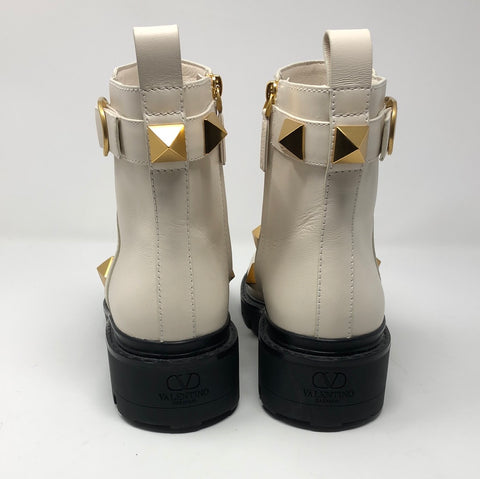 Valentino Ivory Leather Side Zip Gold Rockstud Booties