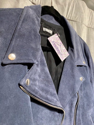 REFORMATION: Blue Suede Moto Jacket with Silver Hardware