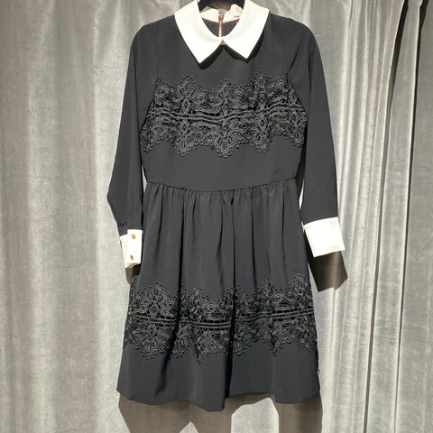 Ted Baker Black Long Sleeve Dress with White Collar Flare Ted Baker Black Long Sleeve Dress with White Collar Flare