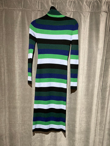 STAUD Ribbed Horizontal Striped Turtleneck Sweater Dress Green, Blue and Black Midi Dress