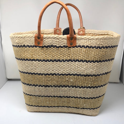 MAR Y SOL Handmade Beach bag with Black Beige and Tan Pom Pom