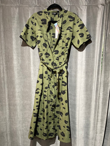 Theory Short Sleeve Button Down Belted Green and Black A Line Midi Dress