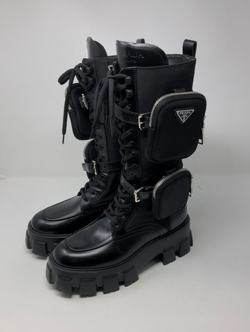 Prada Black Nylon High Boots with Double Pouches