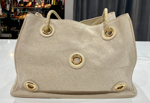 Bottega Veneta Leather Trimmed Woven Bag with gold Circles