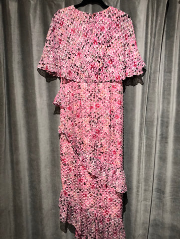 Saloni Short Sleeve Pink Floral Ruffle Maxi Dress