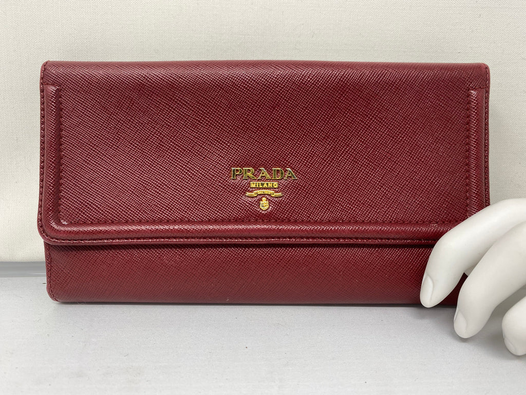 Prada Maroon Leather Large Wallet with Gold Hardware