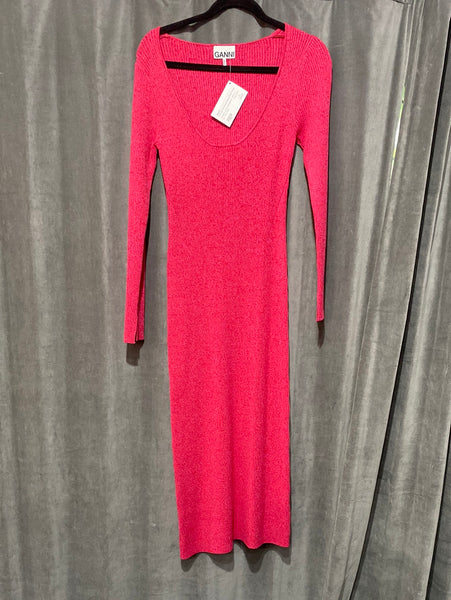 GANNI Pink and Red Ribbed Square Neck Stretch Knit Long Sleeve Maxi Dress