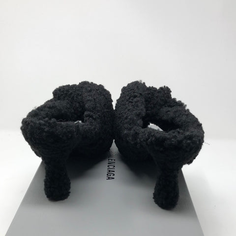 Balenciaga Drapy Sandal in Black Faux Shearling Mule