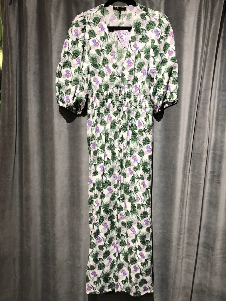 MAJE White Short Sleeve V Neck Button Dress with Green Leaf and Purple Maxi Dress