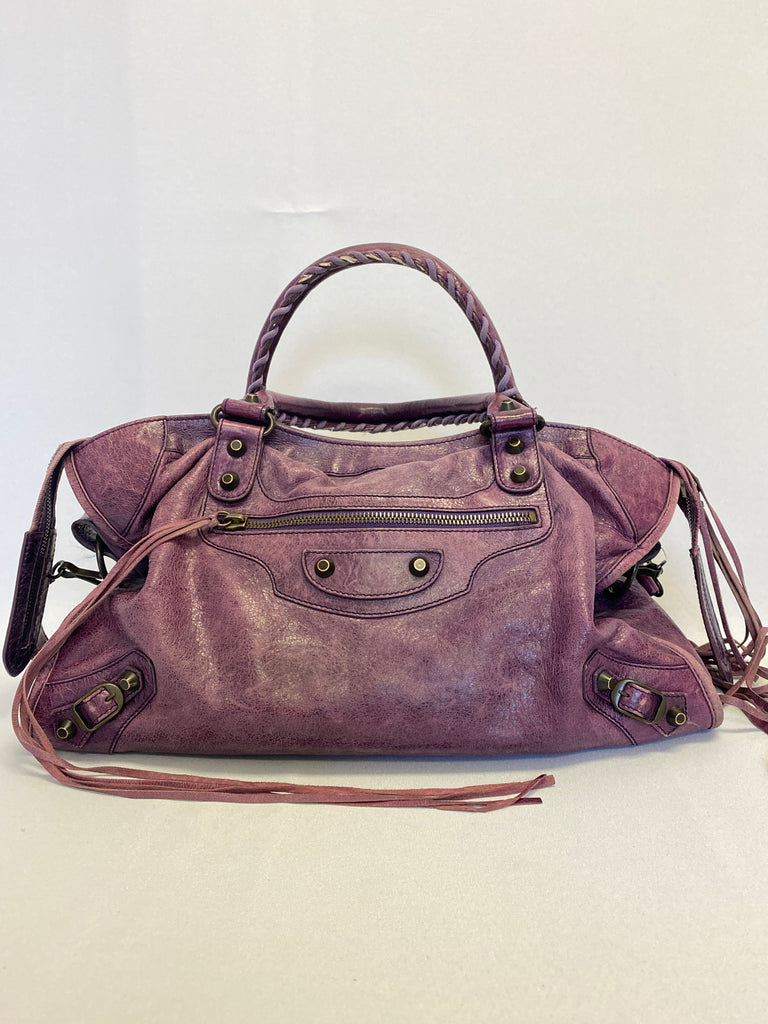 BALENCIAGA Purple Leather Solid Handbag  Labels Luxury