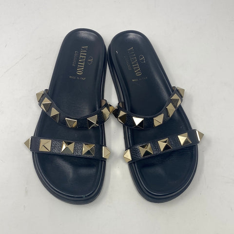 VALENTINO Black Leather Rockstud Two Strap Slide with Stud