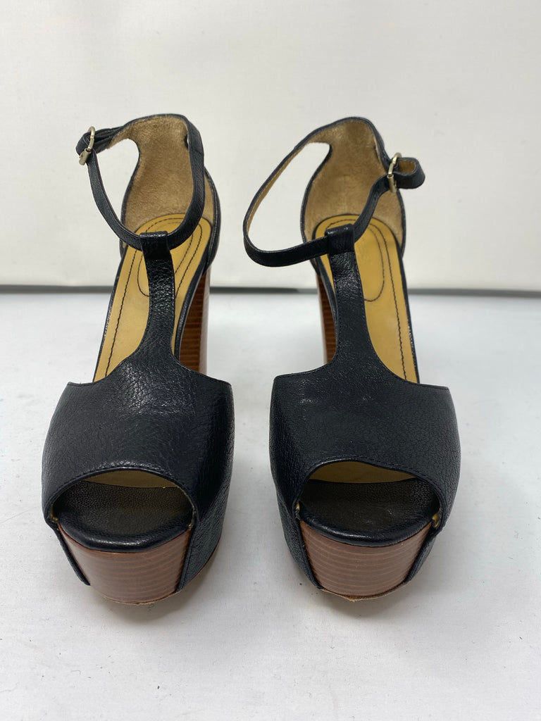 See by Chloe Wooden heel black leather T -strap peep toe sandal