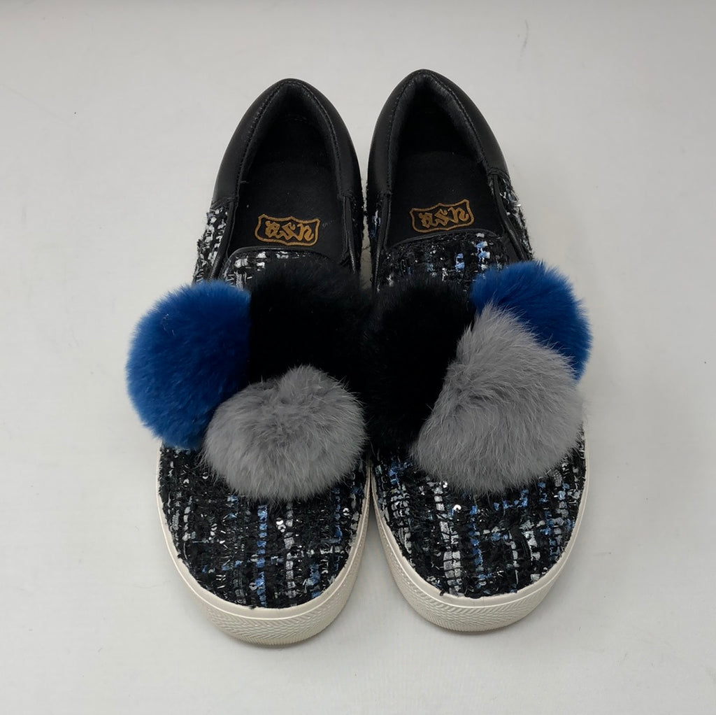 ASH Black and Blue Tweed PomPom covered Slip On