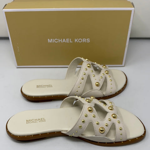 Michael Kors White Leather Annalee Slide with Gold Studs