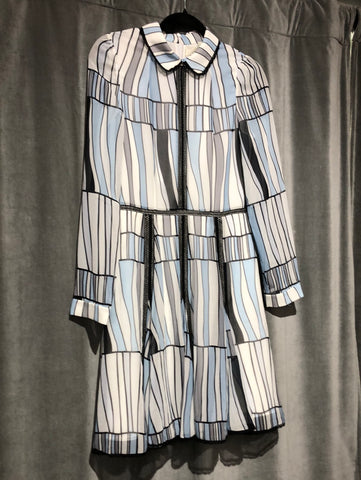 BORA AKSU CHIFFON Striped White Blue and Grey Long Sleeve Dress