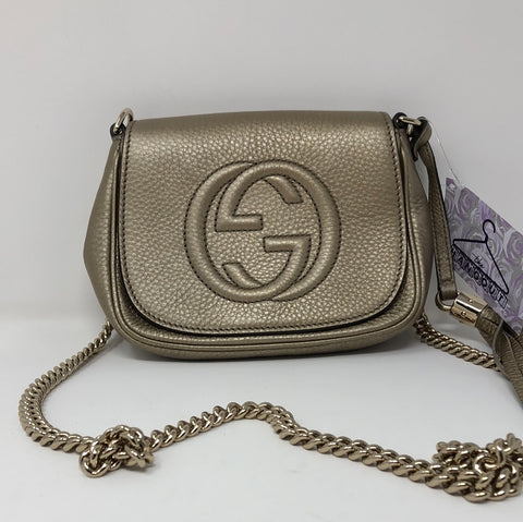 Gucci Gold Pebbled Calfskin Small Soho Flap Chain Crossbody Bag