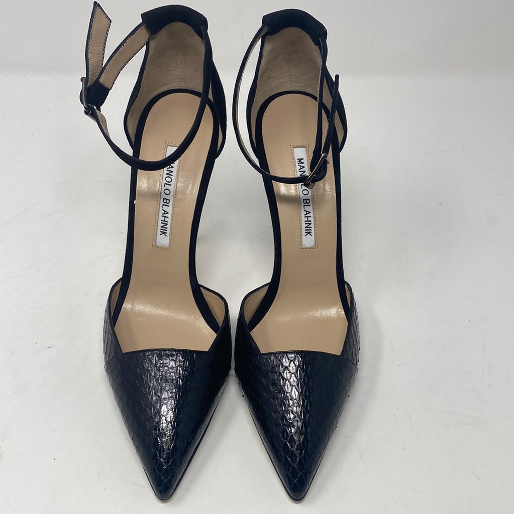 Manolo Blahnik Pointed Toe Snakeskin Heel with Suede Back and Ankle Strap