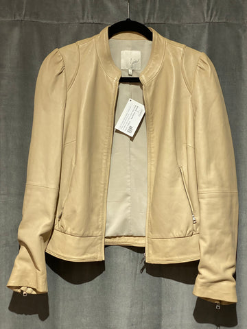 Joie Tan Lamb leather Bomber Jacket with Zipper sleeve Puffed Shoulder