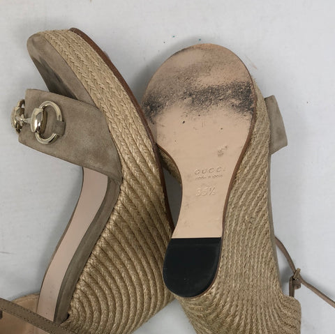 Gucci Horsebit Peep Toe Woven Wedge Sandal