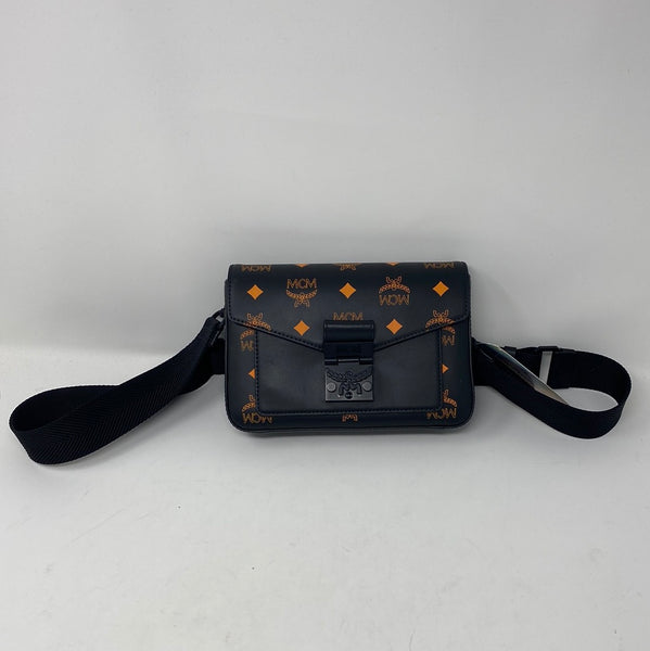 MCM Calfskin Color Splash Logo Crossbody Small in Black and Orange