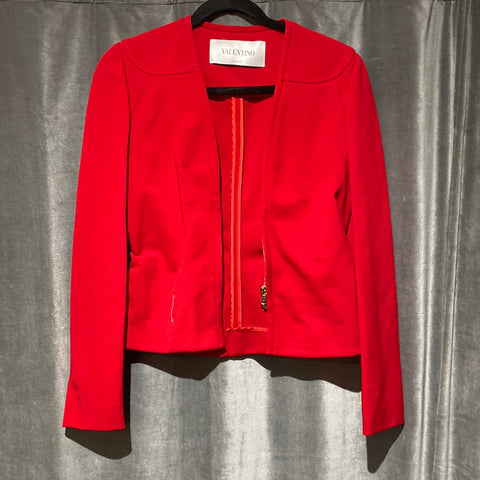 Vintage: Valentino Red Collarless V Neck Zip Jacket