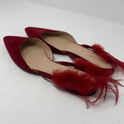 Christian Dior Ethnie Red Suede Pointed Toe Flat Slingback Feather