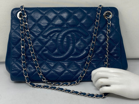 Chanel Timeless CC Accordion Blue Tote in Caviar Leather with Silver Hardware